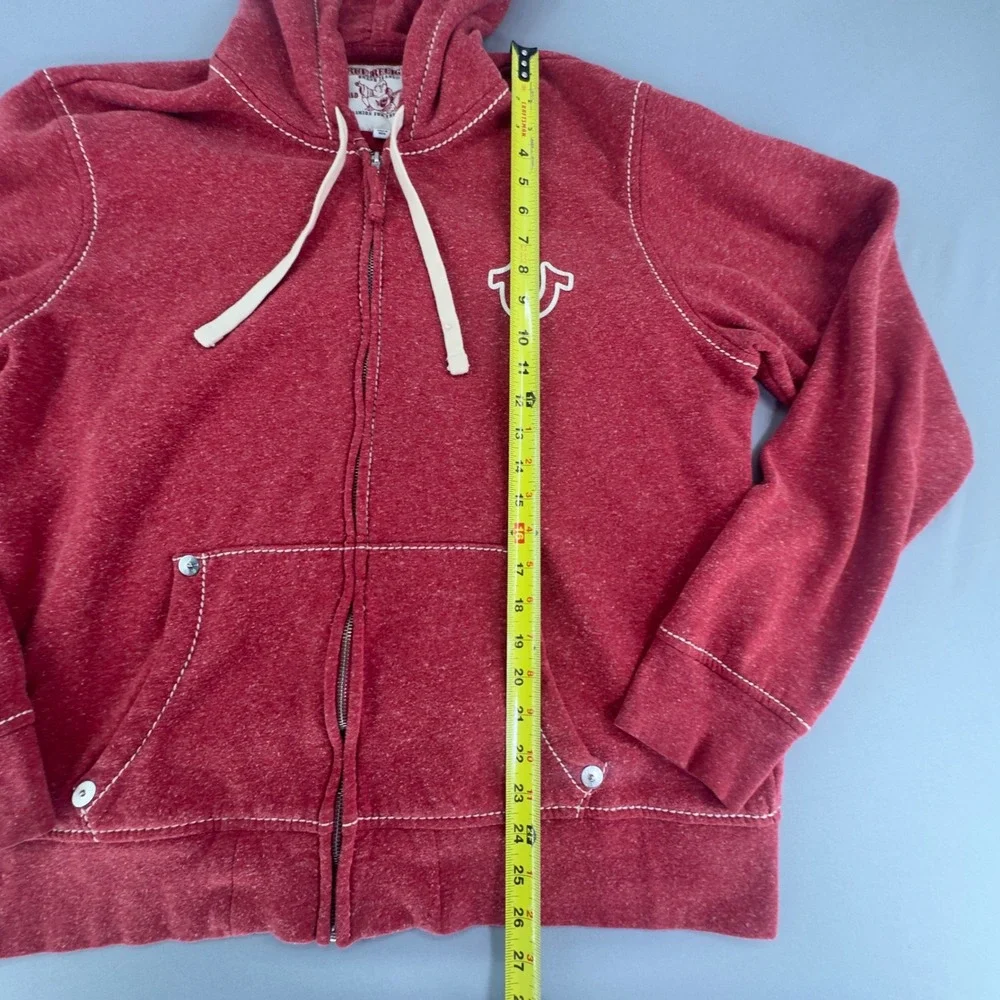 True Religion Mens Red Heather Zip Up Hoodie Contrast Stitch Logo 2XL XXL